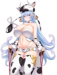 1girls 2021 banditkeith18 bare_shoulders belly big_breasts blue_hair breasts cleavage covered_nipples covered_pussy cow_print cow_print_legwear eyebrows_visible_through_hair eyelashes female female_only granblue_fantasy huge_breasts legwear light-skinned_female light_skin long_hair minishorts navel shatola_(granblue_fantasy) short_shorts shorts simple_background solo strapless_bra white_background white_bra white_shorts wide_hips