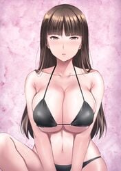 1girls alternative_hair_color ameno_shigure bangs bare_shoulders between_legs bikini black_bikini black_swimsuit blunt_bangs blush breasts brown_hair clavicle cleavage cleft_of_venus closed_mouth erect_nipples erect_nipples_under_clothes erect_nipples_under_swimsuit eyebrows_visible_through_hair female female_only girls_und_panzer half-closed_eyes hand_between_legs hime_cut huge_breasts large_breasts long_hair looking_at_viewer mature mature_female mature_woman milf mother navel nipples nishizumi_shiho parted_lips sitting solo stomach swimsuit underboob