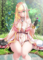 1girls bangs bare_shoulders blonde_hair blush bracelet breasts choker cleavage earrings elf female green_eyes highres jewelry large_breasts long_hair looking_at_viewer navel original pointy_ears revealing_clothes shirosuzu sitting smile solo water