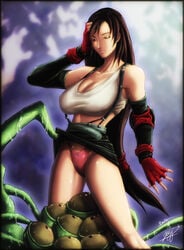 big_breasts black_hair breasts brown_hair cedric_humbert cleavage clothed clothed_female elbow_gloves eyes final_fantasy final_fantasy_vii fingerless_gloves flashing fluid gloves huge_breasts imminent_penetration imminent_sex imminent_tentacle_sex legs long_hair looking_up low_ponytail malboro midriff miniskirt monster monster_on_female monster_sex multi_eye panties pantypeeper peeping skirt_lift suspenders sweat tentacle tentacle_sex tentacles thighs thong tifa_lockhart tight_clothing upskirt wet