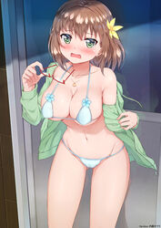 10s bang_dream! bare_shoulders bikini blush breasts brown_hair female female_only glasses green_eyes highres large_breasts looking_at_viewer naitou_kirara open_mouth red-framed_glasses short_hair shoulders solo standing swimsuit tagme white_swimsuit yamato_maya