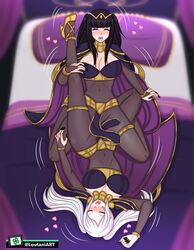 2girls alternate_costume bangs bedroom black_hair black_nails blush bodystocking breasts cape cleavage cosplay female_only fire_emblem fire_emblem_awakening high_heels large_breasts long_hair long_nails loutaniart motion_lines multiple_girls nail_polish nintendo on_bed open_mouth pelvic_curtain robin_(fire_emblem) robin_(fire_emblem)_(female) sex tharja_(fire_emblem) tharja_(fire_emblem)_(cosplay) tongue tongue_out tribadism twintails white_hair yuri