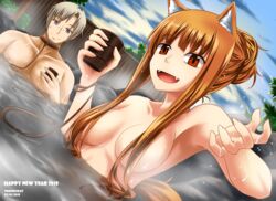 1boy 1girls animal_ears bath bathing canon_couple collar fangs female hair_censor hair_covering_breasts holo hot_spring husband_and_wife kraft_lawrence leash light-skinned_female light-skinned_male looking_at_viewer male malesub medium_breasts onsen open_mouth orange_hair outside red_eyes smile spice_and_wolf tied_hair upper_body water wolf_ears wolf_girl