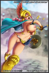 boots cape cedric_humbert chainmail chainmail_bikini female female_only fit_female gladiatrix helmet huge_breasts loincloth loincloth_up one_piece pink_eyes pink_hair rebecca_(one_piece) sword voluptuous wardrobe_malfunction yelling