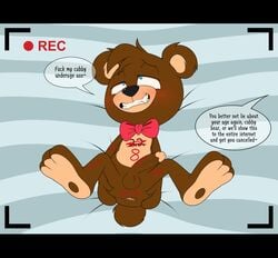 blackmail body_writing bowtie cub degradation dialogue enookie erection fan_character furry legs_held_open male_only oc oliver_masthay olly on_back original paws spread_anus spread_legs teddy_bear