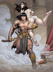 1boy 1girls ass bikini_bottom black_hair brown_hair chainmail circlet conan conan_the_barbarian_(series) dave_stewart feet frank_cho long_hair medium_hair muscular_male over_the_shoulder soles sword topless