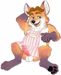 2017 anthro apron balls belly black_nose canid canine clothing disney erection fox genitals gideon_grey hi_res humanoid_genitalia humanoid_hands humanoid_penis male male_only mammal moobs naked_apron nipples overweight overweight_male penis sitting solo tbid zootopia