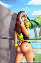 1girls anna_marie ass brown_eyes brown_hair bubble_butt cedric_humbert dat_ass diabolumberto female female_only gloves headband looking_at_viewer looking_back marvel marvel_comics multicolored_hair pool rear_view rick_basaldua rogue_(x-men) solo tank_top thong white_hair x-men