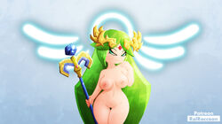 1girls breasts female green_eyes green_hair holding holding_object holding_staff kid_icarus long_hair naked nintendo nipples nude palutena pussy quirogaart solo staff vagina white_skin