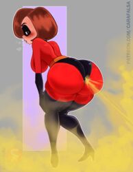 1girls ass big_ass big_breasts big_butt blush brown_eyes brown_hair carafalsa disney elastigirl fart fart_cloud fart_everywhere fart_fetish farting female helen_parr large_ass looking_back mask mature_female milf mother pixar short_hair solo_female superheroine text the_incredibles watermark