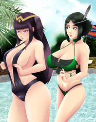 2girls adjusting_clothes alternate_costume arant_king ass bare_legs bikini black_hair black_swimsuit cleavage covered_nipples feathers female_only fire_emblem fire_emblem_awakening fire_emblem_heroes green_bikini green_eyes green_hair green_swimsuit hair_ornament large_breasts lips long_hair mother_and_daughter multiple_girls nintendo nipple_bulge noire_(fire_emblem) noire_(summer)_(fire_emblem) one-piece_swimsuit pool purple_eyes purple_hair short_hair sling_bikini swimsuit tharja_(fire_emblem) thick_lips thick_thighs thong_bikini water