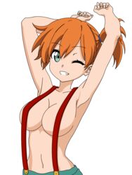 2020s 2021 armpits arms_up artist_request blue_eyes breasts clavicle cleavage clothing denim_shorts exposed_belly exposed_breasts eyebrows_visible_through_hair female female_focus female_only front_view gen_1_pokemon green_eyes green_shorts gym_leader happy high_resolution invitation kasumi_(pokemon) large_breasts light-skinned light-skinned_female manga navel no_bra no_shirt no_underwear one_eye_closed orange_hair pokémon_trainer pokemon pokemon_(anime) pokemon_(game) pokemon_rgby ponytail red_hair short_hair shorts sideboob simple_background smile solo solo_female strategically_covered suspenders teal_bottomwear teeth third-party_edit tied_hair tomboy white_background wink