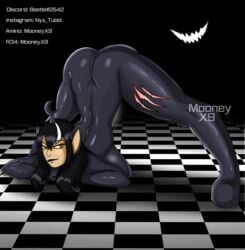 ass_up battle_scars big_ass black_hair checkered_floor dark_fur demon female furry jack-o_pose orange_eyes shadow_tubby sharp_teeth slendytubbies slendytubbies_oc small_waist tan_skin teasing thick_thighs