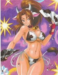 1girls 2021 big_breasts bikini brown_hair cleavage cow_girl cow_horns cow_print cowbell fatal_fury king_of_fighters looking_at_viewer mai_shiranui pencil_(artwork) ravern_clouk snk snk_heroines:_tag_team_frenzy solo solo_female tagme thick_thighs wide_hips year_of_the_ox