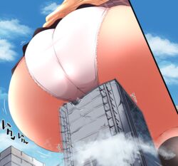 1girls ass blue_hair building female female_only flat_chest giantess huge_ass original original_character panties rui_futaoka skirt solo solo_female teruwo_sun thick_thighs