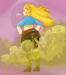 1girls blonde_hair blue_eyes blush breath_of_the_wild carafalsa elf_ears fart fart_cloud fart_everywhere fart_fetish farting nintendo pointy_ears princess_zelda solo_female text the_legend_of_zelda zelda_(breath_of_the_wild)