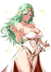 1girls absurdres armlet bare_shoulders breasts circlet cleavage closed_mouth falling_petals fire_emblem fire_emblem:_three_houses flower gold_choker gold_trim green_eyes green_hair hair_flower hair_ornament harstfazn highleg highleg_leotard highres large_breasts leotard long_hair nintendo petals pink_lips rhea_(fire_emblem) standing sword thighs weapon white_leotard