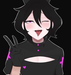 1boy ahe_gao ahe_gao black_hair boob_window bow bust closed_eyes clothing eyes_rolling_back femboy milkymoooooo peace_sign pleasure_face solo solo_focus tongue tongue_out