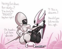 1boy 2girls angry animated ass ass_comparison big_ass big_butt black_body black_eyes bouncing_ass dialogue double_facesitting empty_eyes english_text facesitting female female_focus femdom fighting_over_boy hand_on_ass holding_object hollow_knight horn hornet_(hollow_knight) horns incest insect_girl insects lace_(hollow_knight) latiar male malesub needle nude protagonist_(hollow_knight) rivalry rivals siblings silksong smothering teasing weapon white_body white_eyes