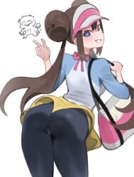 1girls ass big_ass brown_hair double_bun doughnut_hair_bun female hood_x_art leggings nintendo pokemon pokemon_bw2 rosa_(pokemon) solo thick_thighs thighs tight_clothing twintails