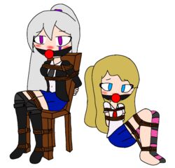 2girls blonde_hair blue_eyes clothed female_only fhs fhsz3r0 fnafhs fnafhs_bondage fnafhs_z3ro fnafhsrule34 gag gagged joy_(fnafhs) long_hair mai_(fnafhs) mouth_gag multiple_girls purple_eyes school_uniform tied_up white_hair