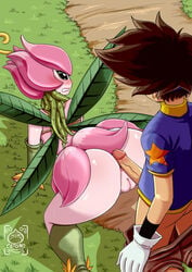 1boy 1girls 4_wings all_fours anus ass bandai_namco big_butt blush castagno clothed clothing digimon digimon_(species) digimon_adventure digiphilia duo elemental_creature erection fairy fairy_wings female flora_fauna flower_petals genitals gloves grass handwear hi_res hot_dogging human human_on_humanoid humanoid interspecies leaf leaf_wings leaves lillymon looking_back male male/female male_human/female_digimon male_human/female_humanoid mammal not_furry outside pants_down partially_clothed penis petals plant plant_girl pussy taichi_yagami uncensored vine_hair vines wings