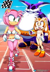 1boy 2girls amy_rose anthro bbmbbf big_the_cat bra breasts casual_exposure closed_eyes cream_the_rabbit diamond_level female flat_chest flat_chested hi_res male mobius_unleashed open_mouth palcomix panties pietros_secret_club sega small_breasts sonic_(series) sonic_the_hedgehog_(series) sweat team_rose tongue topless trio