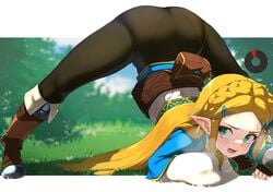 1girls 2021 ass ass_focus ass_up black_pants blonde_hair blue_shirt blush boots breath_of_the_wild clothed embarrassed female female_focus female_only forest green_eyes hizake huge_ass hylian jack-o_pose jackochallenge kashu_(hizake) long_ears long_hair long_legs long_sleeves nintendo outdoors pantylines pointy_ears princess princess_zelda royalty stamina_bar sweat sweaty_body the_legend_of_zelda thick_thighs thighs tight_clothing top-down_bottom-up visible_breath white_border zelda_(breath_of_the_wild)