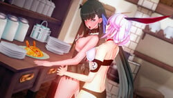 2girls 3d alternate_costume alternate_hairstyle black_hair bunny_ears female hair_ornament honkai_impact_3rd long_hair naitoul pink_hair punishing:_gray_raven purple_eyes robot_girl selena_(punishing:_gray_raven) short_hair yae_sakura_(honkai_impact) yuri