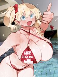 1girls bare_shoulders big_breasts bikini bikini_bottom bikini_top blonde_female blonde_hair blue_eyes breasts busty cleavage curvy cute fang female female_focus female_only florida-chan_(ryuseihashida) large_breasts lifeguard light-skinned_female light_skin oerba_yun_fang open_mouth original_character pool ryusei_hashida smile smiling smiling_at_viewer solo solo_female sparkle sparkles swimming tagme thick_thighs thighs thumbs_up twintails voluptuous water wet wet_body whistle