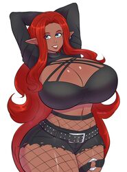 allania_(yasammezq) armpits arms_behind_head arms_up ass belly belly_button big_ass big_breasts big_nipples big_thighs blue_eyes breasts cleavage cleavage_cutout curvy cute dark-skinned_female dark_skin elf_ears elf_female enormous_breasts female female_only fishnets hourglass_figure huge_breasts lipstick long_hair massive_breasts original original_character pinkkoffin pointy_ears red_hair ripped_clothes ripped_clothing ripped_pants sharp_ears shorts taller_girl thick thick_thighs thighs thin thin_waist voluptuous wide_hips