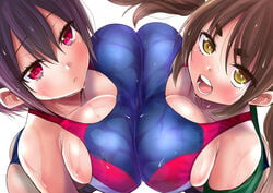 2girls absurd_res artist_request ass asymmetrical_hair breast-to-breast breast_press breasts brown_eyes brown_hair bursting_breasts cleavage clothing female hi_res huge_breasts jacket long_hair looking_at_viewer looking_up medium_hair multiple_girls one-piece_swimsuit open_clothes open_jacket open_mouth original ponytail side_ponytail skindentation swimsuit symmetrical_docking tank_suit tied_hair