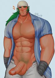 1boy abs absurdres alternate_pectoral_size animal_ears arm_hair bara bare_pectorals beard blue_shirt cat_boy cat_ears catboy chest_hair cowboy_shot dark-skinned_male dark_skin erection facial_hair fire_emblem fire_emblem:_path_of_radiance fire_emblem:_radiant_dawn green_hair green_male_underwear groin hairy highres large_pectorals long_hair male_focus male_only male_pubic_hair male_underwear male_underwear_peek mature_male muarim_(fire_emblem) muscular muscular_male navel navel_hair nipples nose_piercing nose_ring oerba_yun_fang open_clothes open_shirt pants pectorals penis piercing precum pubic_hair shirt sideburns smile solo stomach stubble thick_thighs thighs torn_clothes torn_pants torn_underwear uncensored underwear veins veiny_penis white_pants zombie_perc