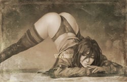 1girls ass ass_up attack_on_titan clothed eldian_armband eldian_flag female_soldier jack-o_pose jacket_lift jackochallenge marley_military_uniform monochrome neight no_pants no_skirt painting_(artwork) panties pieck_finger pose realistic shingeki_no_kyojin solo top-down_bottom-up