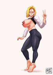 1girls alternate_version_available android_18 blush dragon_ball dragon_ball_z earrings female huge_breasts large_areolae large_ass large_nipples long_nipples looking_at_viewer nail_polish nipples porcoro solo toenail_polish victory