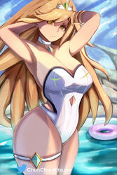 1girls armpits blonde_hair chunchunkitsune cleavage curvy frown innertube large_breasts long_hair looking_at_viewer mythra one-piece_swimsuit sleesart solo swimsuit thick_thighs voluptuous white_swimsuit xenoblade_(series) xenoblade_chronicles_2 yellow_eyes