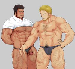 2boys abs absurdres arms_behind_back bar_censor bara bare_pectorals beard black_male_underwear blush briefs bulge censored chest_hair clothes_lift dark-skinned_male dark_skin excessive_pubic_hair eye_contact facial_hair feet_out_of_frame flaccid foreskin grey_male_underwear hairy highres interracial large_pectorals leg_hair looking_at_another male_focus male_only male_pubic_hair male_underwear male_underwear_pull mature_male multiple_boys muscular muscular_male navel navel_hair nipples no_pants original pectorals penis pubic_hair pulled_by_another shirt shirt_lift short_hair sideburns stomach thick_thighs thighs underwear underwear_only undressing_another veins white_shirt xiaojishangtian yaoi