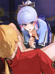 1boy 1girls absurdres all_fours bangs bar_censor black_gloves blonde_hair blue_dress blue_eyes blue_hair blunt_bangs blush bottomless breasts censored clothed_sex cum dress erection eyebrows_visible_through_hair female fingerless_gloves genshin_impact gloves hair_ornament handjob hanging_breasts highres indoors interracial jacket japanese_clothes kamisato_ayaka light-skinned_female light-skinned_male light_skin low_ponytail male medium_breasts open_mouth penis penis_awe ponytail pubic_hair red_jacket screen sidelocks socks sohn_woohyoung straight sweat sweatdrop thoma_(genshin_impact) two-handed_handjob