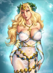 1girls blonde_hair bretonnia candra crown fay_enchantress female female_only gold green_eyes jewelry lace see-through see-through_clothing solo solo_female translucent translucent_clothing transparent_clothing warhammer_(franchise) warhammer_fantasy white_dress