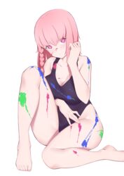 ayla_(punishing:_gray_raven) bare_legs barefoot body_paint feet jilu large_breasts medium_hair one-piece_swimsuit pink_eyes pink_hair punishing:_gray_raven robot_girl thighs