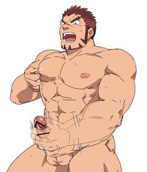 1boy abs akashi_(live_a_hero) bar_censor bara brown_hair censored completely_nude erection facial_hair goatee highres large_pectorals live-a-hero long_sideburns male_focus male_masturbation male_only male_solo masturbation mature_male motion_lines multicolored_hair muscular muscular_male nipple_tweak nipples nude pectorals penis red_eyes red_hair ruizu_(takakisan503) short_hair sideburns solo stomach streaked_hair thick_eyebrows thick_thighs thighs