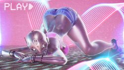 3d 3d_(artwork) ass ass_up bra bungie destiny_(game) destiny_(video_game) destiny_2 exo glowing glowing_eyes high_heels huge_butt jack-o_pose jean_shorts laying looking_at_viewer robot robot_girl shorts sonicfreak thick_thighs thighs vaporwave vhs