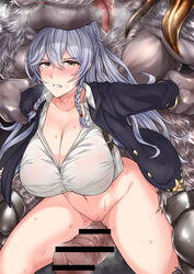 animal blush bottomless braid breasts cleavage coat female granblue_fantasy large_breasts long_hair navel okasira4545 penis silva_(granblue_fantasy) silver_hair sweat yellow_eyes zoophilia