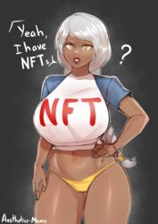 1girls absurdres aestheticc-meme bragging breasts dark-skinned_female dark_skin female female_only highres huge_breasts looking_at_viewer meme nft nft_shirt nice_fucking_tits original sabrina_(aestheticc-meme) solo thick_thighs wide_hips