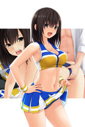 1boy :d bangs bare_arms bare_shoulders blue_panties blush breasts brown_eyes brown_hair cheerleader cleavage clothes_lift collarbone commentary_request cowboy_shot doggy_style female highres long_hair long_sleeves looking_at_viewer medium_breasts midriff miniskirt multiple_views navel nonaka_ritsu open_clothes open_mouth open_shirt original panties sex sex_from_behind shirt skirt skirt_lift smile solo_focus sweat underwear upper_teeth white_background white_shirt wristband