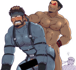 3boys abs anal bar_censor bara beard black_hair blue_bodysuit blush bodysuit censored clenched_teeth crossover cum cum_on_body cum_on_boy cum_on_pectorals cum_while_penetrated erection facial facial_hair gay glowing glowing_eye grabbing_another's_hair hand_on_another's_head headband hoshinoedao implied_sex kazuya_mishima male_focus male_only mature_male metal_gear_(series) moustache multiple_boys muscular muscular_male navel nipples pectorals penis precum ryu_(street_fighter) scar scar_on_cheek scar_on_chest scar_on_face sex short_hair smirk solid_snake stomach street_fighter super_smash_bros. suspenders tearing_up teeth torn_bodysuit torn_clothes torogao yaoi