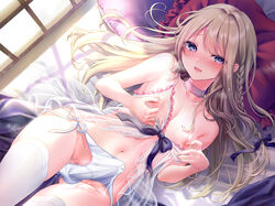 1boy all_male bed blush braids brown_hair censored crossdressing crossdressing_male cum femboy lingerie long_hair male male_only navel negligee nipples original panties penis purple_eyes see_through solo solo_male tagme_(artist) thighhighs trap underwear