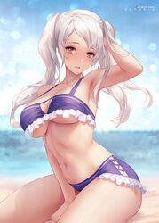 1girls absurd_res alternate_costume armpits azto_dio bangs bare_shoulders beach bikini blurry_background blush breasts brown_eyes cleavage collarbone female fire_emblem fire_emblem_awakening frilled_bikini frills gold_eyes highres large_breasts long_hair looking_at_viewer navel nintendo ocean outdoors outside pose purple_bikini purple_swimsuit robin_(fire_emblem) robin_(fire_emblem)_(female) sand sideboob skindentation solo source_smaller swimsuit thighs twintails underboob water white_hair yellow_eyes