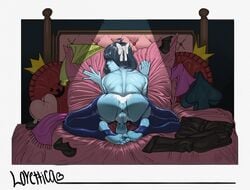 1boy anus ass balls black_hair blue_skin deltarune feet femboy from_behind hair_over_eyes kneeling kris_(deltarune) lovettica male male_only nude on_bed perineum pillow presenting_hindquarters solo solo_male stirrup_legwear stirrup_socks torn_clothes