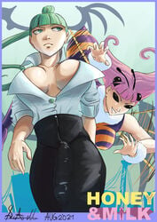 1futa 1girls bee_girl big_breasts big_penis breasts bulge cleavage clothed clothing darkstalkers demon_girl doktor_malefic doujin_cover doujinshi duo female fully_clothed futanari humanoid large_breasts large_penis light-skinned_female light-skinned_futanari light_skin medium_breasts monster_girl morrigan_aensland open_clothes open_shirt pale_skin q-bee standing succubus